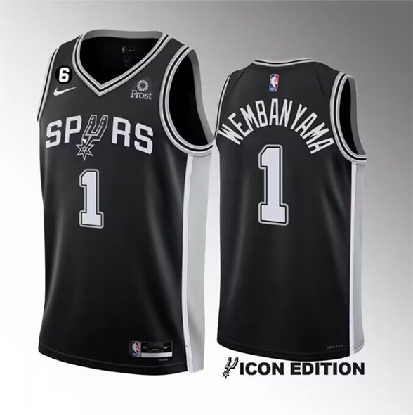 Men's San Antonio Spurs #1 Victor Wembanyama Black 2022/23 Icon Edition With NO.6 Patch Stitched Basketball Jersey